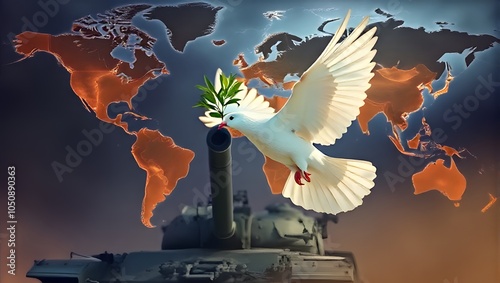 Obraz na płótnie Series of photographs: White dove, symbol of peace, flying in a warlike environment. w salonie