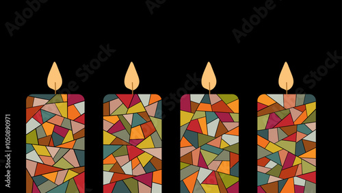 Vektorgrafik mit bunten Kerzen vor einem schwarzen Hintergrund. Freier Platz für Text. Vorlage für Einladungen, Grußkarten, Social Media Posts und Werbung.