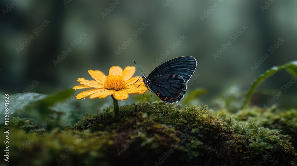 A black butterfly delicately perched on a vibrant yellow flower surrounded by lush greenery, capturing the serene beauty of nature with exquisite detail and color contrast. A black butterfly delicately perched on a vibrant yellow flower surrounded by lush greenery, capturing the serene beauty of nature with exquisite detail and color contrast.