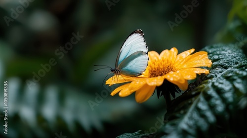 A serene blue butterfly gently perches atop a vibrant yellow flower in a lush green environment, representing transformation and the fragile beauty of nature’s palette.