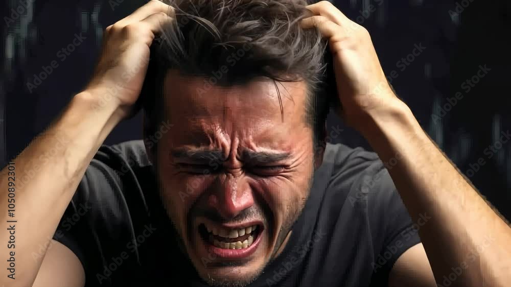 Young man passionately screams, conveying intense emotion. Contrasts heighten the drama, making the expression of frustration palpable. Young man passionately screams, conveying intense emotion. Contrasts heighten the drama, making the expression of frustration palpable.