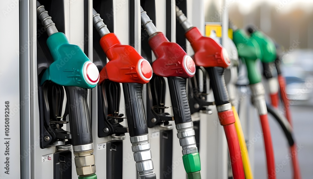 Vibrant petrol and diesel nozzles at a modern fuel station dispenser Vibrant petrol and diesel nozzles at a modern fuel station dispenser