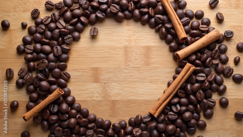 Wallpaper Mural Cozy wooden background with coffee beans and cinnamon stick frame Torontodigital.ca