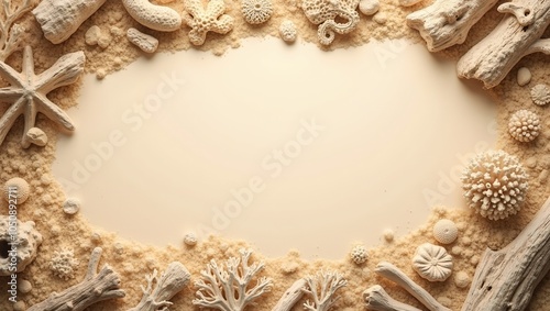 Coastal themed sandy beige background with driftwood and coral border