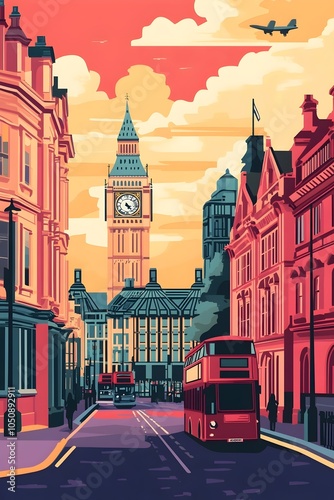 A vibrant sunset scene capturing a classic double-decker bus and iconic Big Ben in London, showcasing the city's rich architecture and a lively urban atmosphere. photo