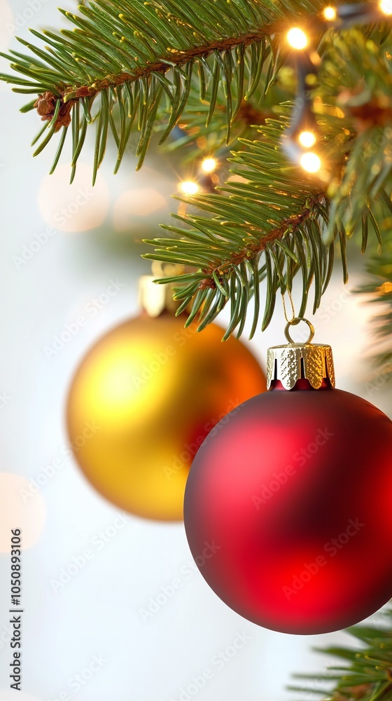 Obraz premium A beautifully decorated Christmas tree adorned with red and gold ornaments in a cozy living room setting.