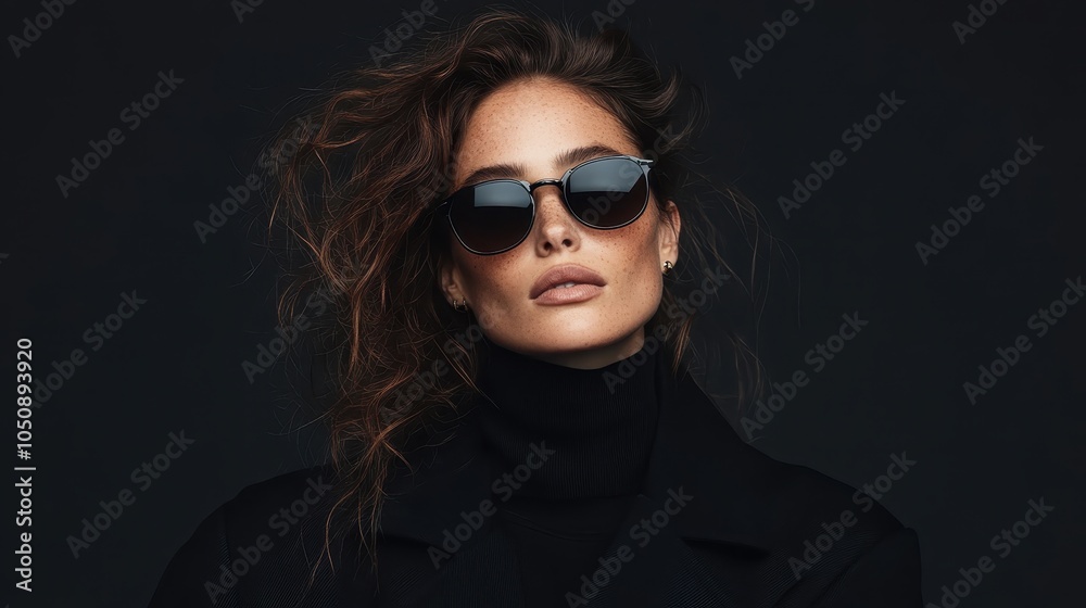 A confident fashion model is pictured wearing chic black sunglasses and a black outfit, posed against a dark backdrop, exuding modern elegance and confidence. A confident fashion model is pictured wearing chic black sunglasses and a black outfit, posed against a dark backdrop, exuding modern elegance and confidence.