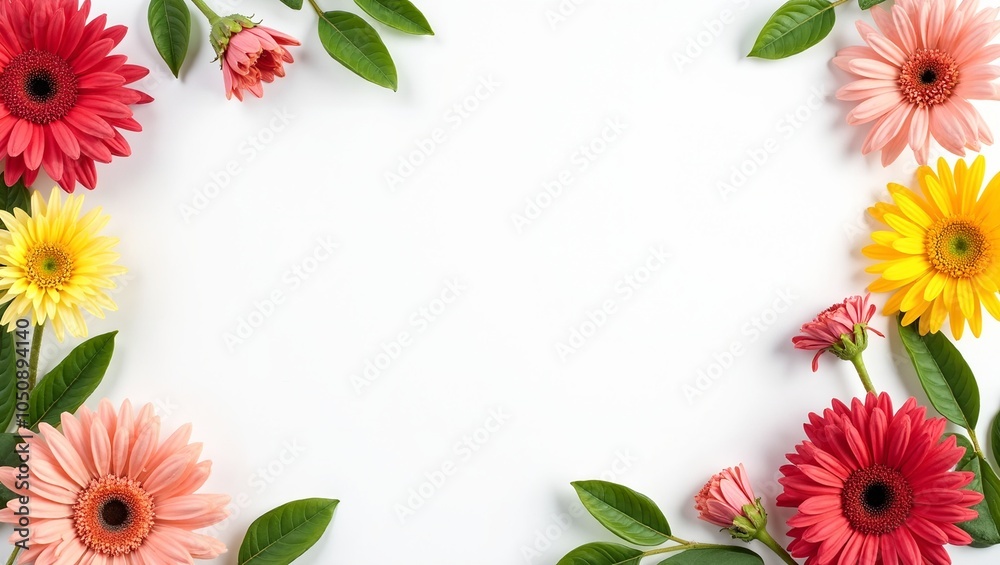 Fototapeta premium Colorful gerbera daisies and green leaves on bright white background Vibrant spring feel