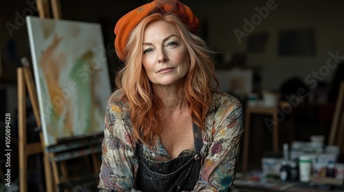 Wallpaper Mural A mature woman with long red hair and an orange beret is seen in her art studio, wearing a patterned blouse and dark apron, standing confidently by her artworks. Torontodigital.ca