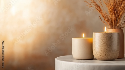 A warm glow emanates from two candles beside a vase filled with dried plants, crafting a cozy and artistic nook that enhances any modern home decor.