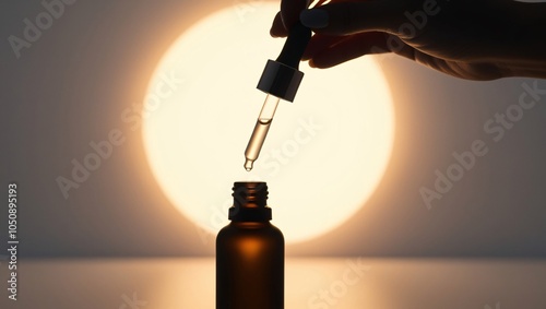 A hand holds a dropper above a dark glass bottle, carefully drawing liquid as a bright circle illuminates the background. This serene moment captures the essence of focus and precision