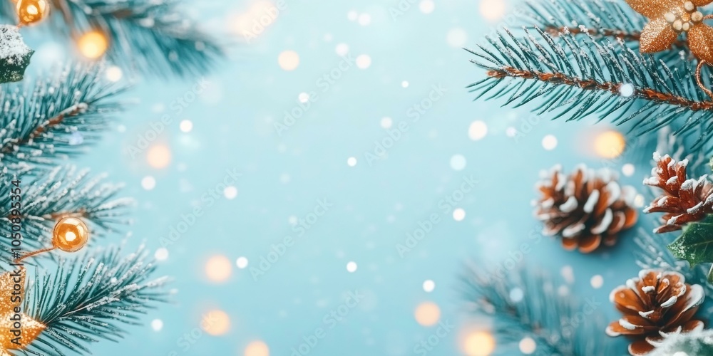 Evergreen Christmas tree branches with pine cones on a vibrant blue background. Evergreen Christmas tree branches with pine cones on a vibrant blue background.