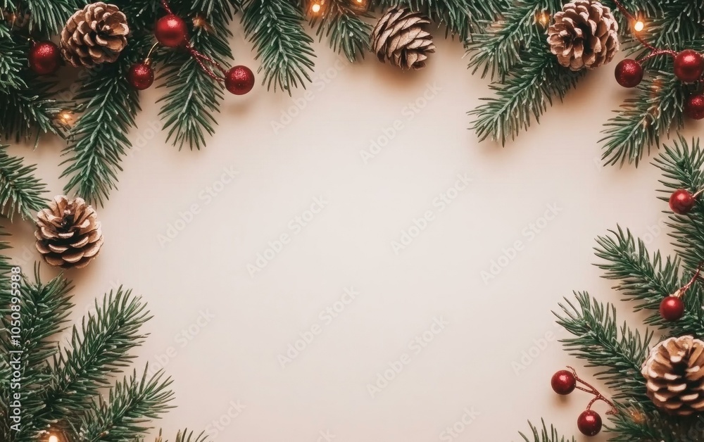 Festive Christmas background featuring pine branches adorned with vibrant red ornaments. Festive Christmas background featuring pine branches adorned with vibrant red ornaments.