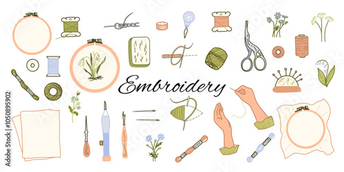 Needlework Set. Hand drawn Vector illustration. Embroidery Tools, Threads Spools, Needles and sewing woman hands in doodle style. Colored art isolated on white background.