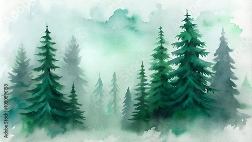 Watercolor painting of foggy pine forest landscape