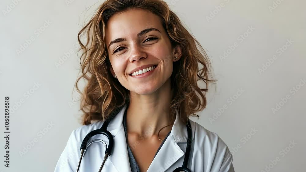 A young woman with curly brown hair smiles while wearing a white lab coat and a stethoscope A young woman with curly brown hair smiles while wearing a white lab coat and a stethoscope