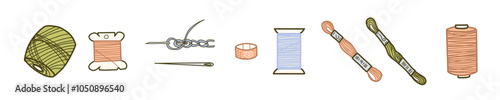 Sewing Set. Threads Spools, Needles with Stitches and Thimble. Hand drawn Colored Vector illustration of Accessories for Stitching. Tools for seamstress, handicraft in doodle style, isolated on white