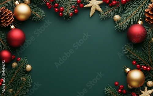 Festive Christmas background with evergreen fir branches and colorful holiday decorations.