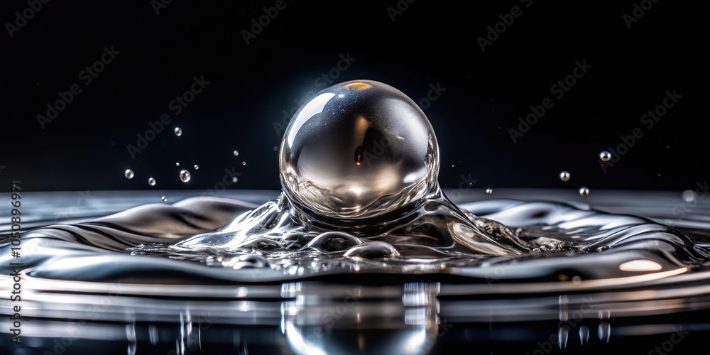 A droplet of molten metal falls onto a black background as it cools down and solidifies into a small silver sphere, liquid metal, falling drop, cooling down, metal sphere A droplet of molten metal falls onto a black background as it cools down and solidifies into a small silver sphere, liquid metal, falling drop, cooling down, metal sphere