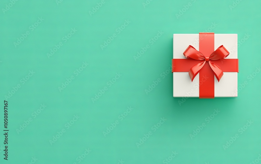 A white gift box with a vibrant red ribbon and bow on a solid green background, symbolizing celebration.
