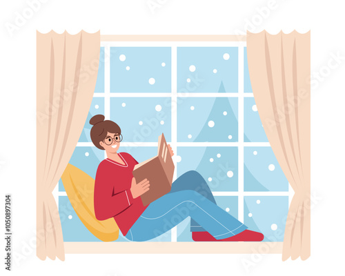 Young woman with book sitting on windowsill. Happy girl near window. Cozy Snowy winter season or cold weather at home concept. Vector illustration isolated on white background.