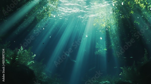 Underwater view with sunbeams shining adobe illustrator