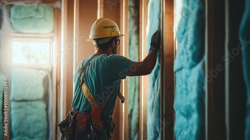 Construction Worker Inspecting Insulation in a New Home