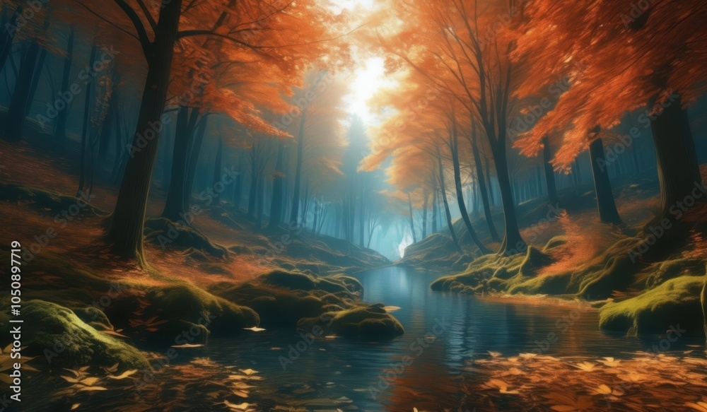 painting of a stream in a forest with a person standing on the rocks painting of a stream in a forest with a person standing on the rocks