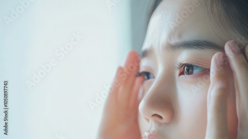 Health care concept, eye problem asian young woman applying, using medical ey...