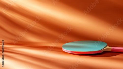 A vibrant ping-pong paddle with a teal front and pink handle placed against a softly lit orange backdrop, casting gentle shadows and creating an inviting scene. photo