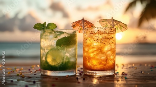 A vibrant green cocktail and a bright orange drink, each adorned with a tiny umbrella and sprinkled decorations, are set against a golden sunset over the sea. photo