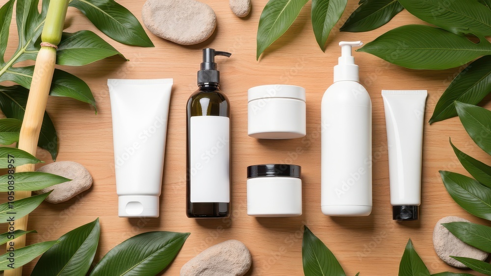 Natural Products Flatlay with Leaves and Stones Natural Products Flatlay with Leaves and Stones