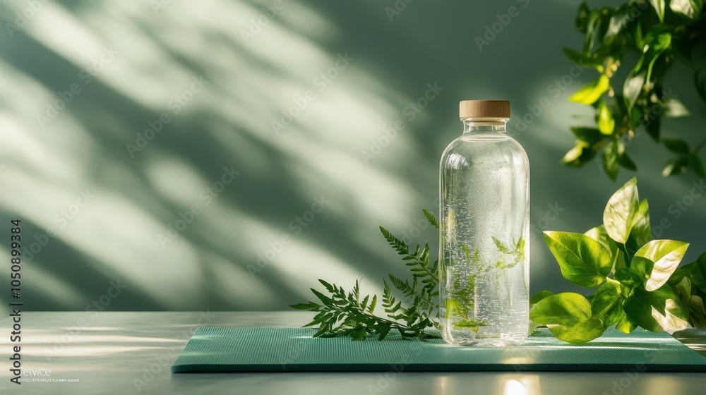 A clear glass water bottle sits on a table with leafy plants casting intricate shadows, creating an elegant and refreshing scene in natural lighting. A clear glass water bottle sits on a table with leafy plants casting intricate shadows, creating an elegant and refreshing scene in natural lighting.