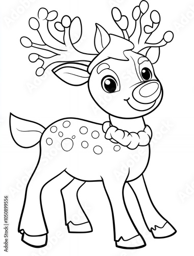 A cartoon reindeer with large antlers, a red nose, and a beaded necklace, ready for coloring.