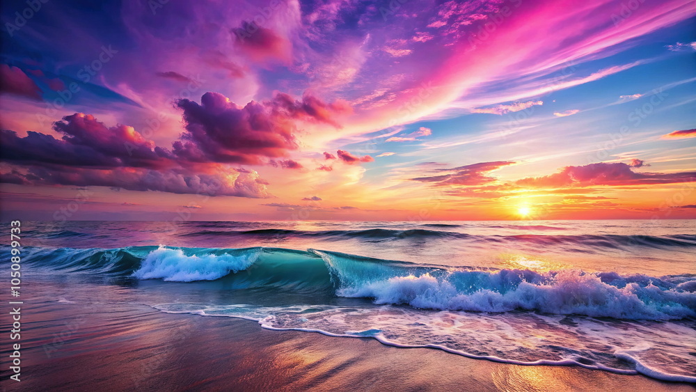 Fototapeta premium Vibrant sunset over ocean waves with colorful sky