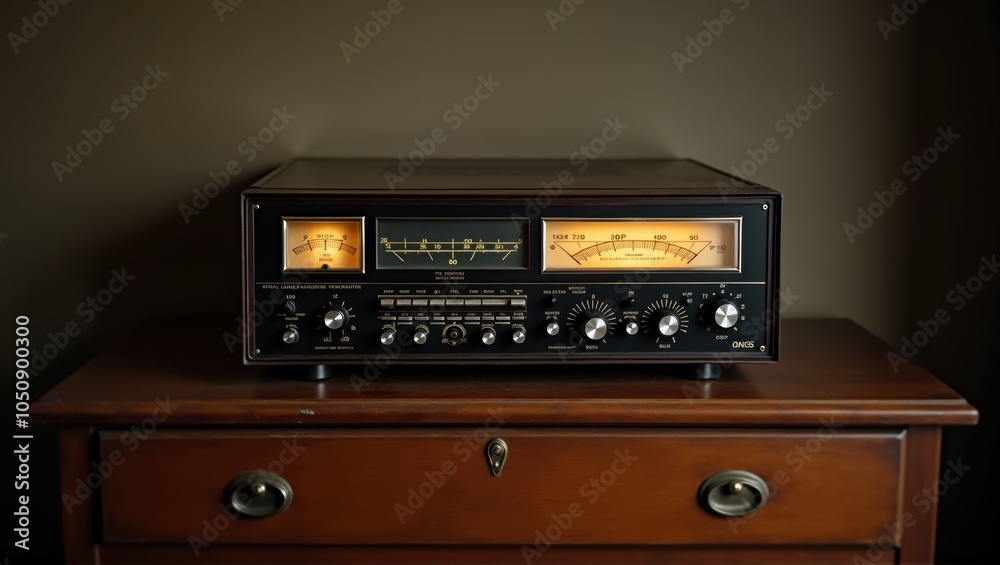 Obraz premium Vintage Kenwood stereo receiver on wooden surface, illuminated dials, retro technology, music equipment, warm ambiance. Generative, AI,
