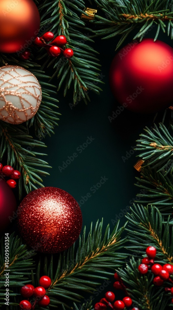 Fototapeta premium A festive Christmas tree adorned with red and gold ornaments, creating a warm and joyful holiday atmosphere.