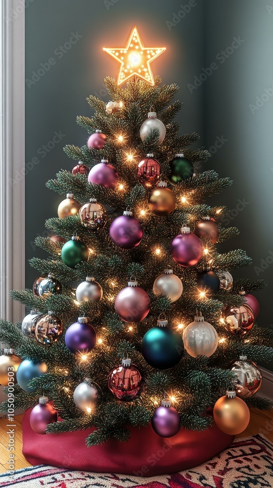 Fototapeta premium A decorated Christmas tree adorned with colorful ornaments and twinkling lights in a cozy living room.