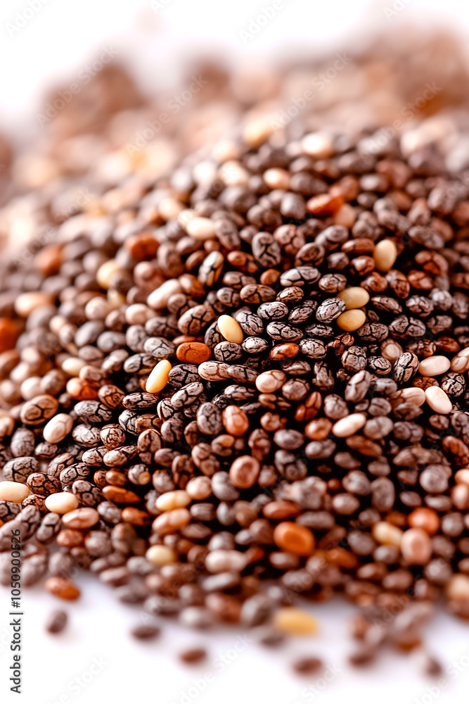 These tiny, nutrient-rich chia seeds form a stunning mound, highlighting their diverse shades of brown and cream, inviting culinary creativity and healthy choices These tiny, nutrient-rich chia seeds form a stunning mound, highlighting their diverse shades of brown and cream, inviting culinary creativity and healthy choices