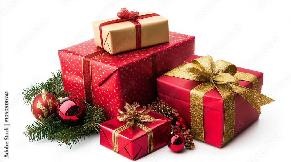 Obraz premium Stack of red gift boxes with ribbon, gift box for birthday, wedding, anniversary, party, event, gift guide, retail idea, advertising, Christmas gifts on the white background. AI generation