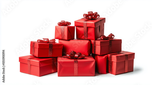 Stack of red gift boxes with ribbon, gift box for birthday, wedding, anniversary, party, event, gift guide, retail idea, advertising, Christmas gifts on the white background. AI generation