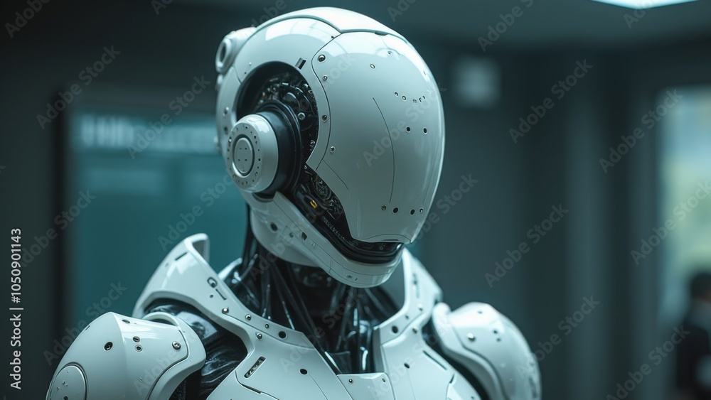 Fototapeta premium High-tech white robot with sleek design and integrated sensors in a modern indoor environment, representing robotics and artificial intelligence
