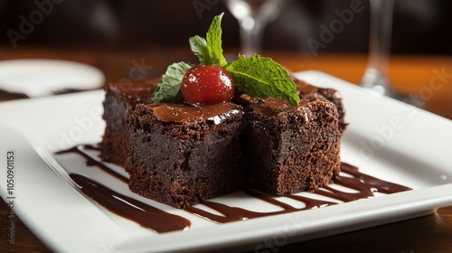 Chocolate brownies on plate. Dessert background