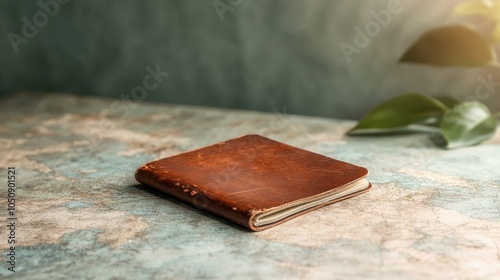 An aged leather-bound journal rests on a faded world map, signifying exploration and wanderlust, capturing the essence of journeys past and stories untold. photo