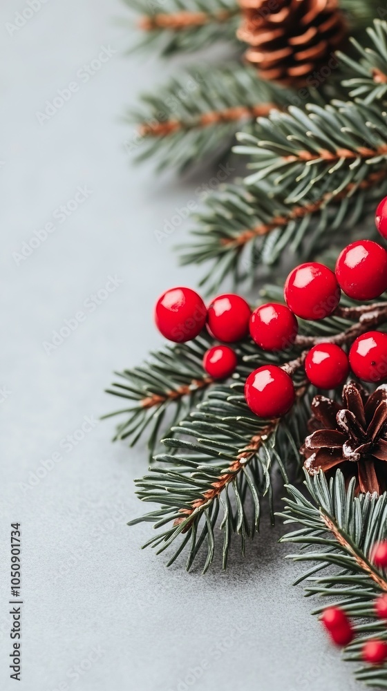 Festive Christmas tree branch adorned with vibrant red berries and rustic pine cones. Festive Christmas tree branch adorned with vibrant red berries and rustic pine cones.