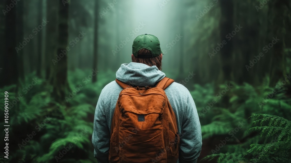 A person in a green hat with a rust-colored backpack stands facing away, surrounded by mist and dense greenery in a mysterious forest, seeking solitude and adventure. A person in a green hat with a rust-colored backpack stands facing away, surrounded by mist and dense greenery in a mysterious forest, seeking solitude and adventure.