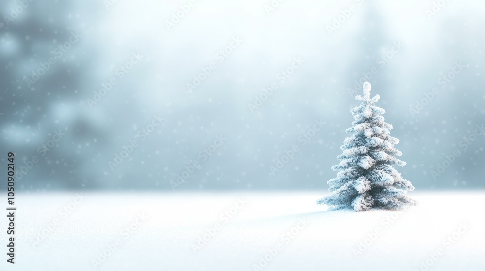 A small evergreen Christmas tree adorned with snow in a tranquil winter landscape.