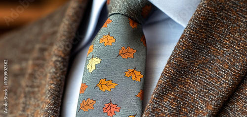 Stylish tie with autumn leaves pattern on a smartly dressed man. photo