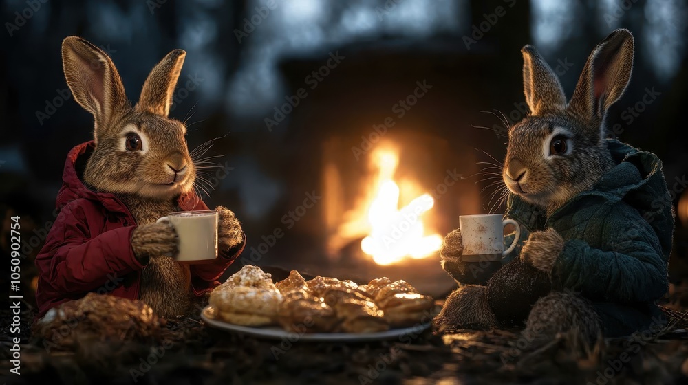 Fototapeta premium Two rabbits in jackets enjoy hot drinks and pastries while sitting around a cozy outdoor campfire in the evening, creating a warm and friendly atmosphere.