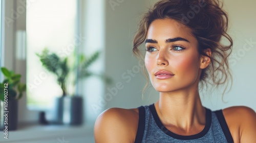 Free Download A captivating portrait of a young woman exuding confidence and natural beauty in a bright indoor setting perfect for lifestyle and wellness themes - GFXLoad